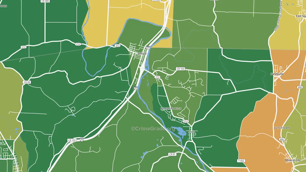 Bolivar, OH Map of Burglary Rates