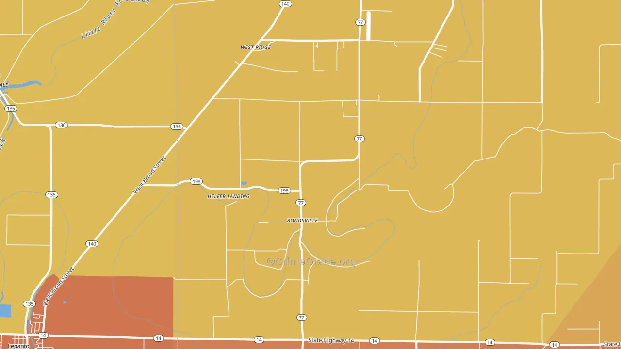 Bondsville, AR Map of Burglary Rates