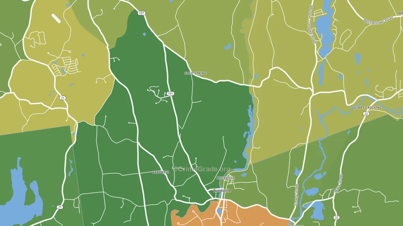 Bondsville, MA Map of Burglary Rates