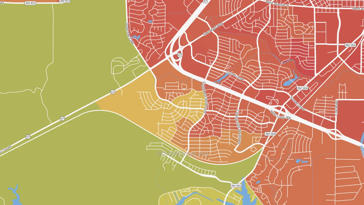 Bonham, San Angelo, TX Map of Burglary Rates
