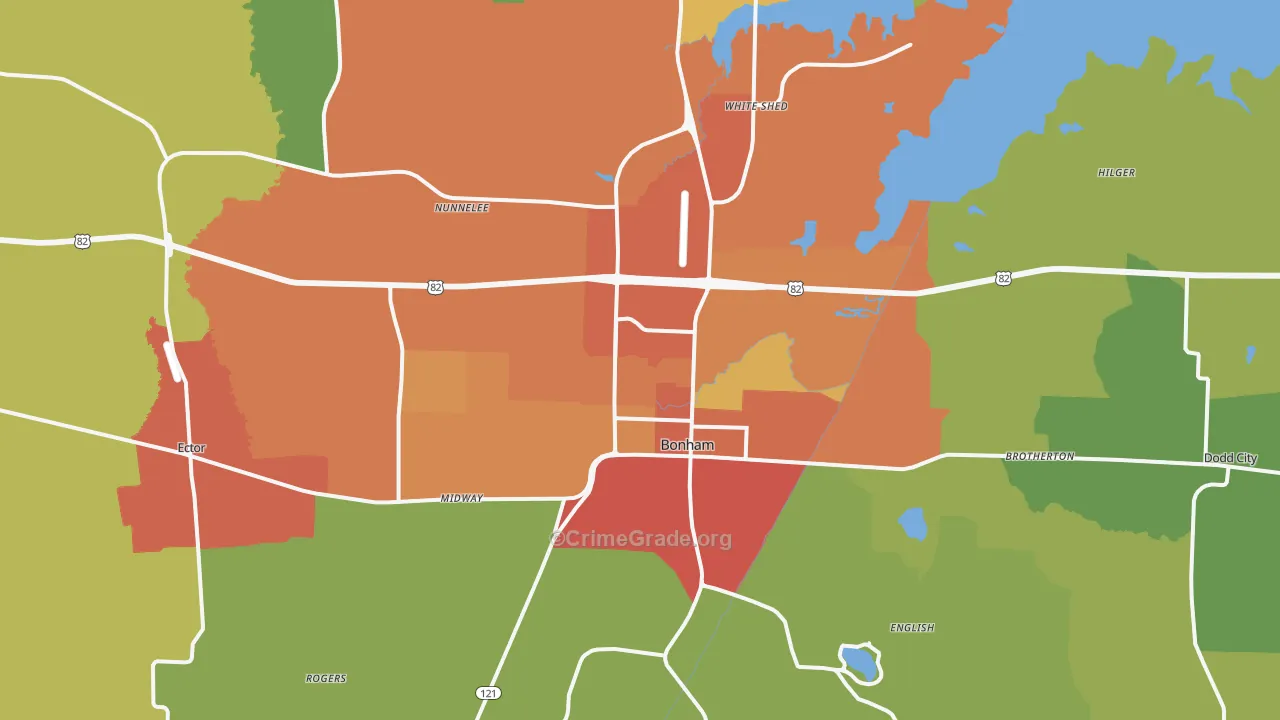 Bonham, TX Map of Burglary Rates