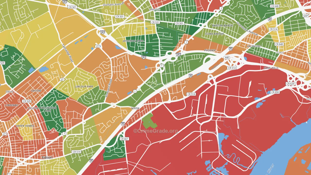 Bonhamtown, Edison, NJ Map of Burglary Rates