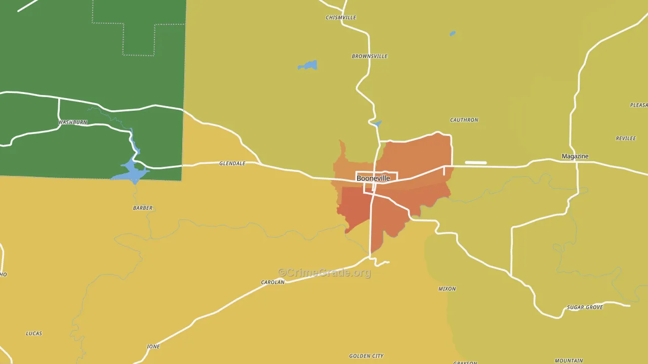 Booneville, AR Map of Burglary Rates