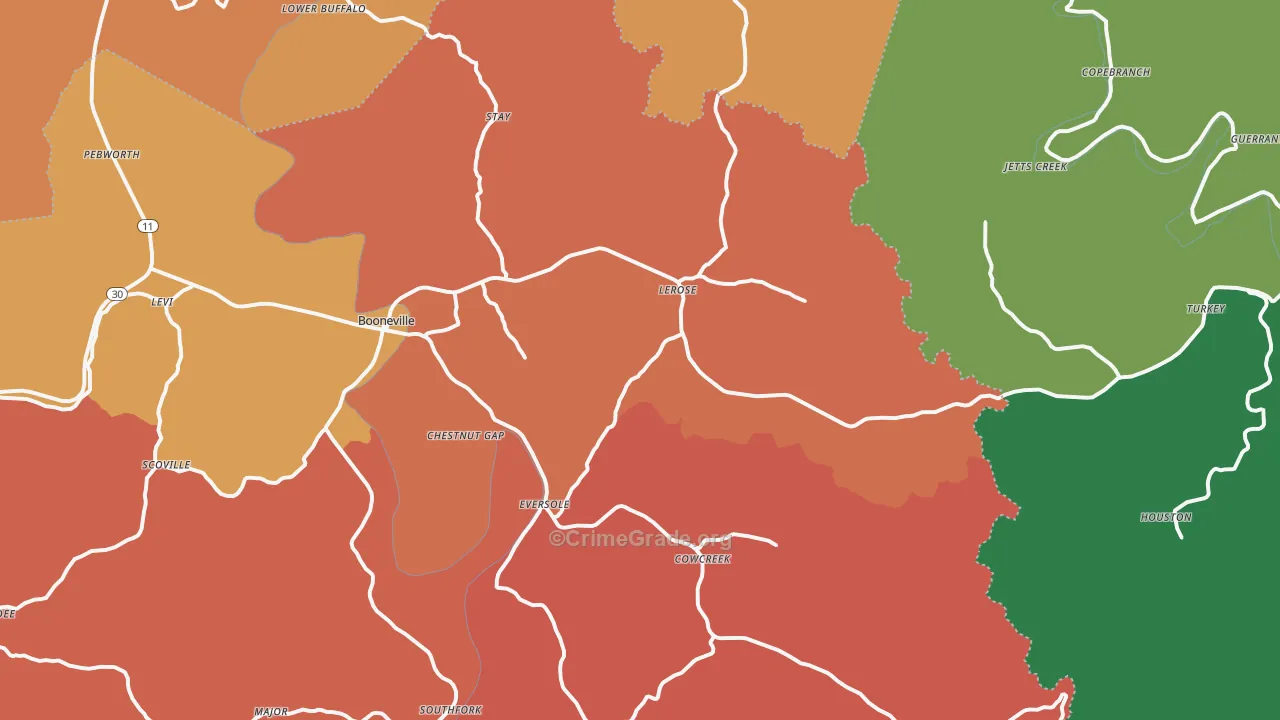 Booneville, KY Map of Burglary Rates