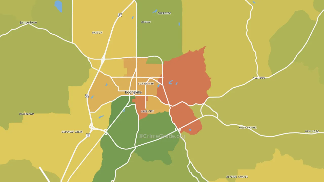 Booneville, MS Map of Burglary Rates