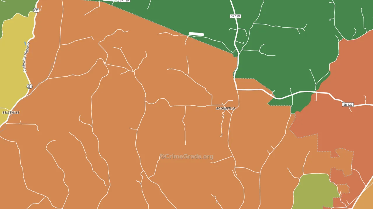 Booneville, TN Map of Burglary Rates