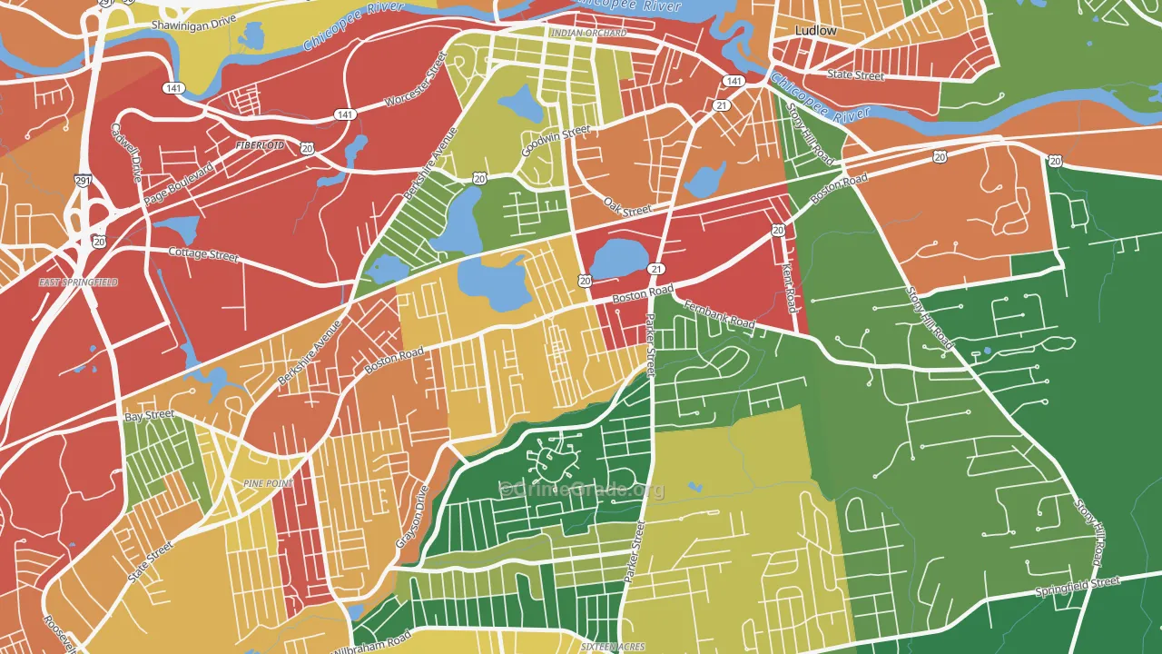 Boston Road, Springfield, MA Map of Burglary Rates