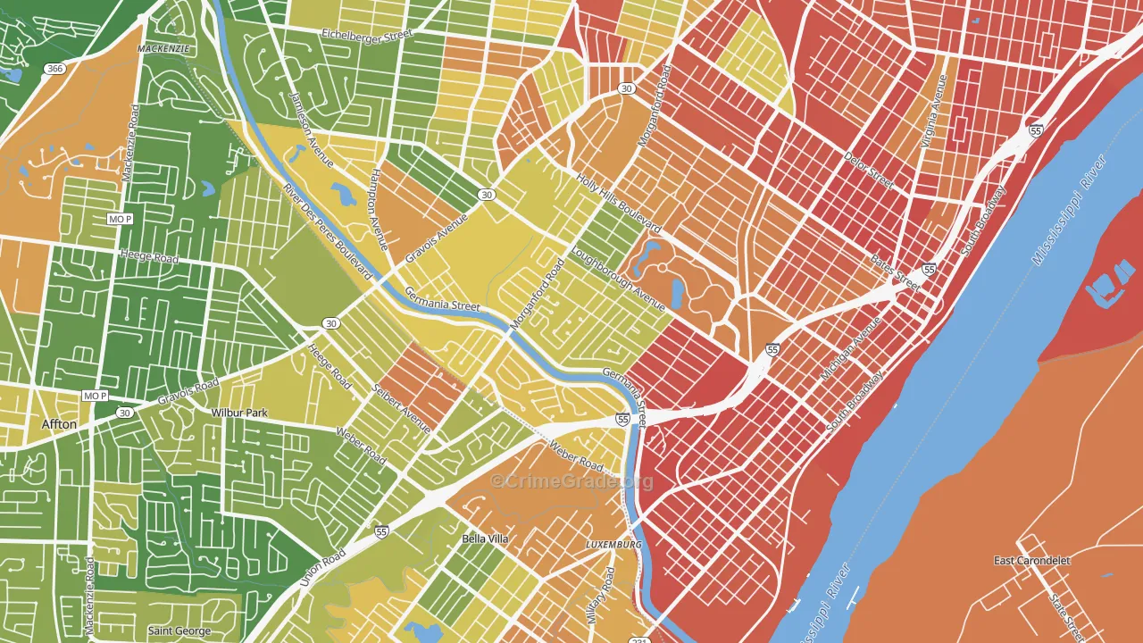 Boulevard Heights, St. Louis, MO Map of Burglary Rates