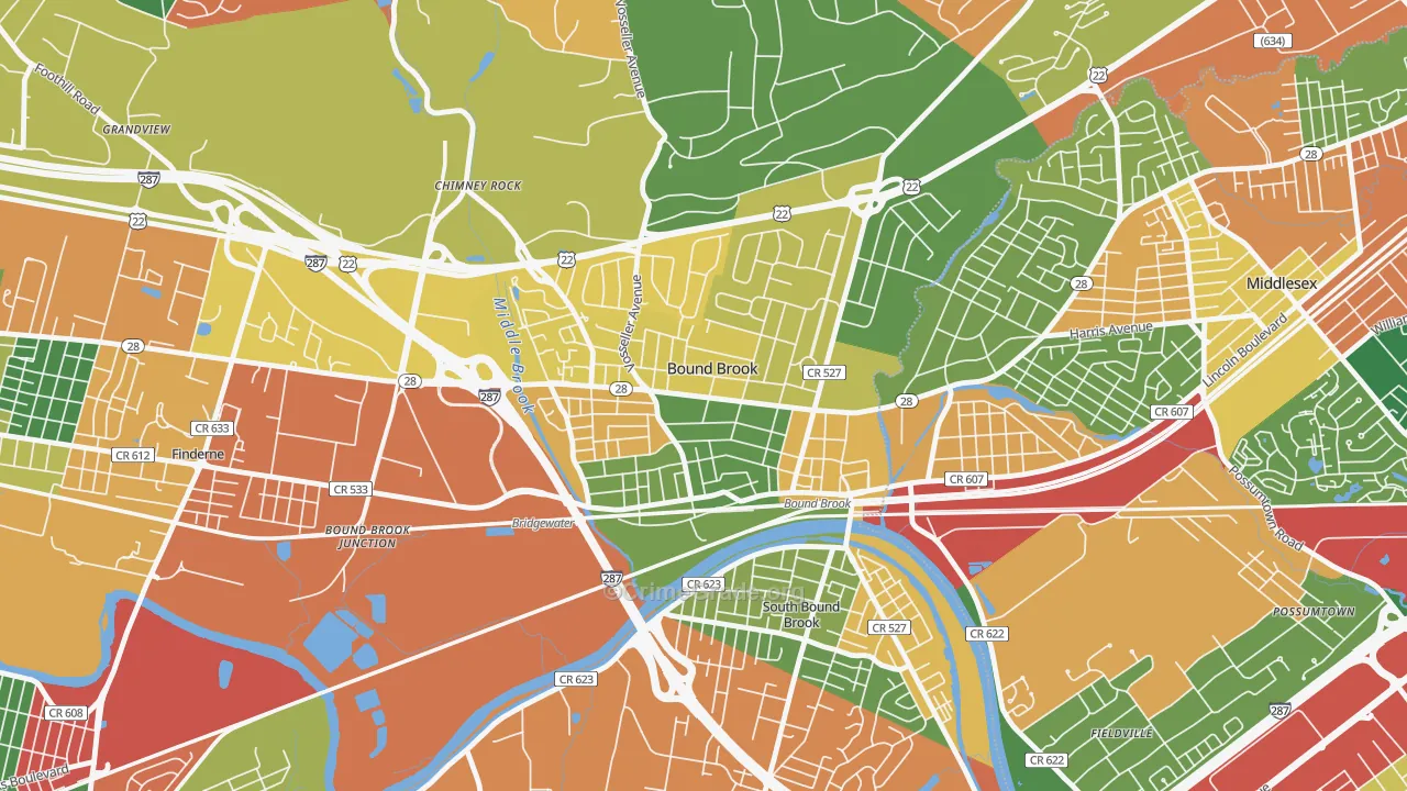 Bound Brook, NJ Map of Burglary Rates