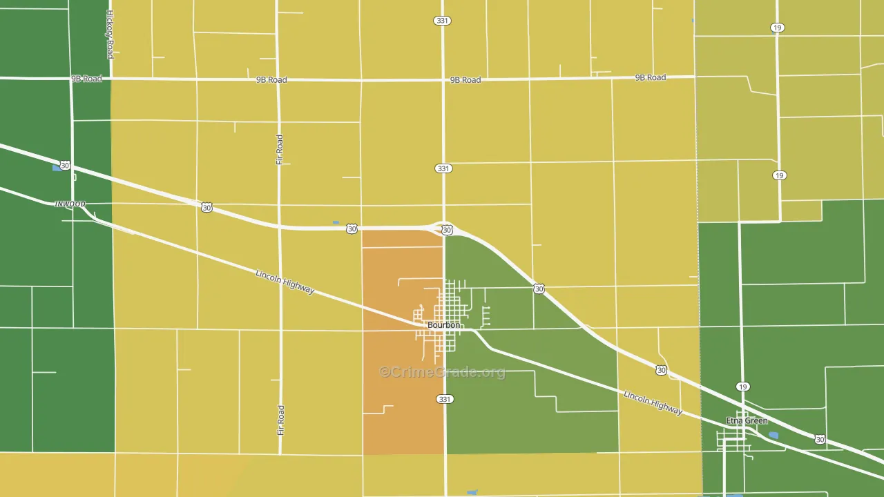 Bourbon, IN Map of Burglary Rates