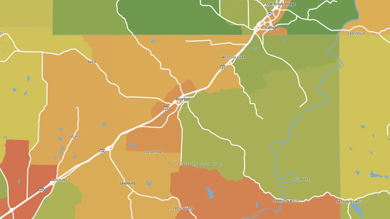 Bourbon, MO Map of Burglary Rates