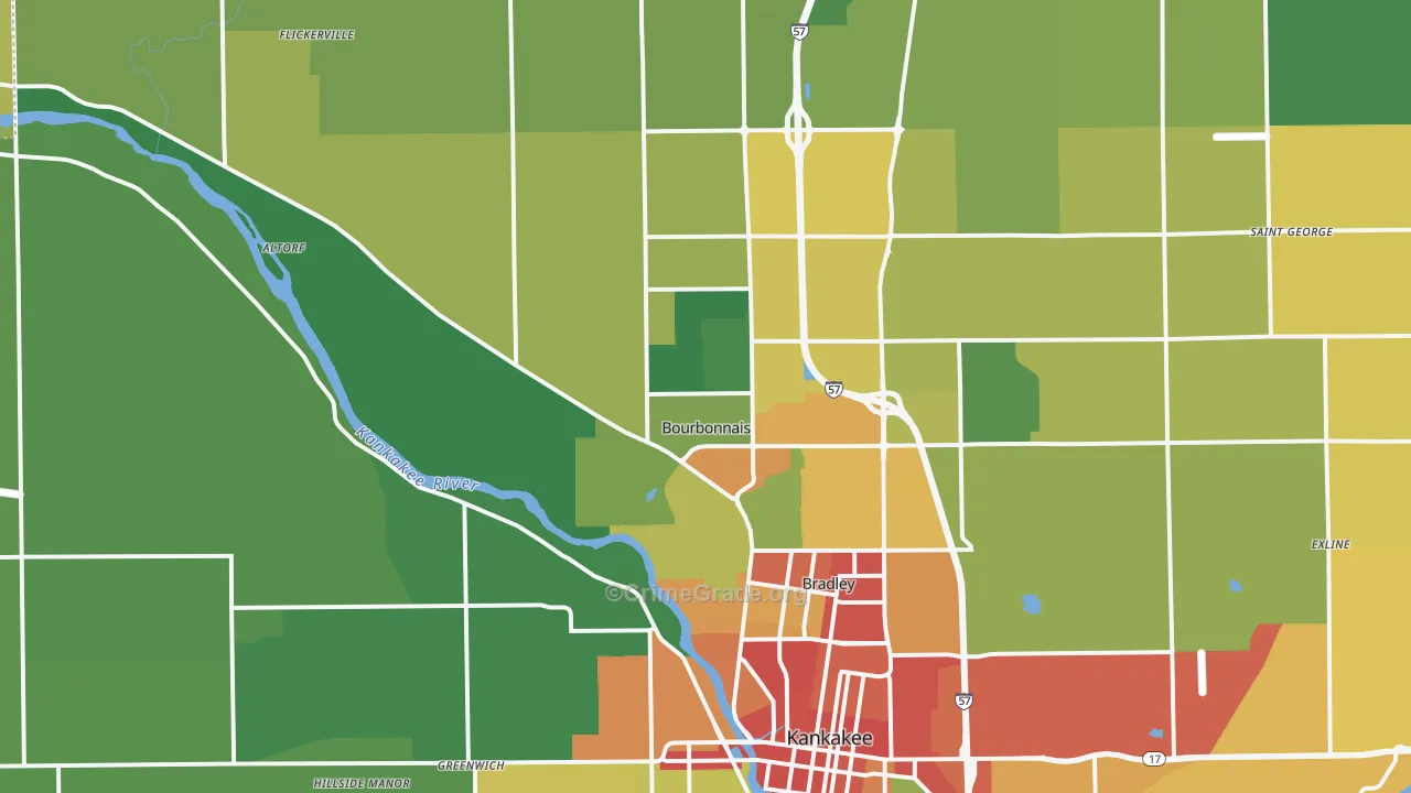 Bourbonnais, IL Map of Burglary Rates