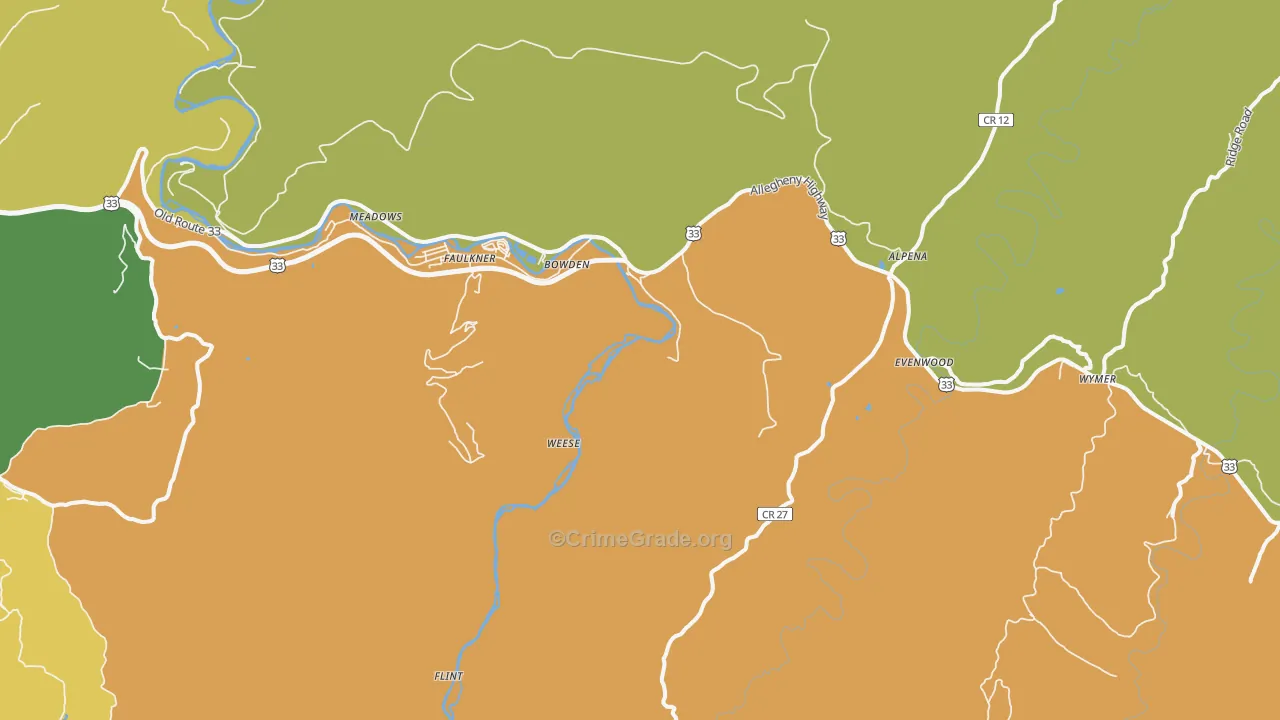 Bowden, WV Map of Burglary Rates