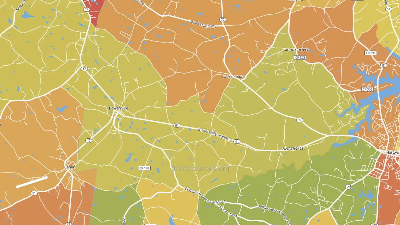 Bowersville, GA Map of Burglary Rates