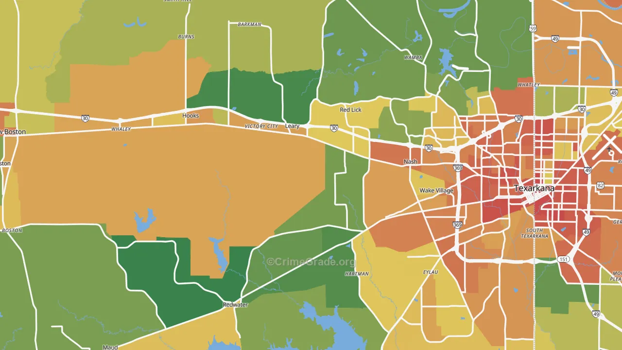 Bowie County, TX Map of Burglary Rates