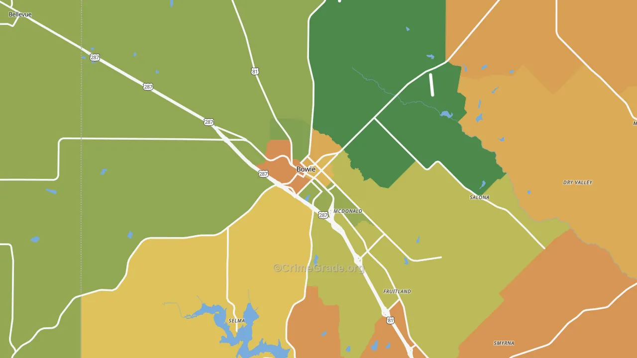Bowie, TX Map of Burglary Rates