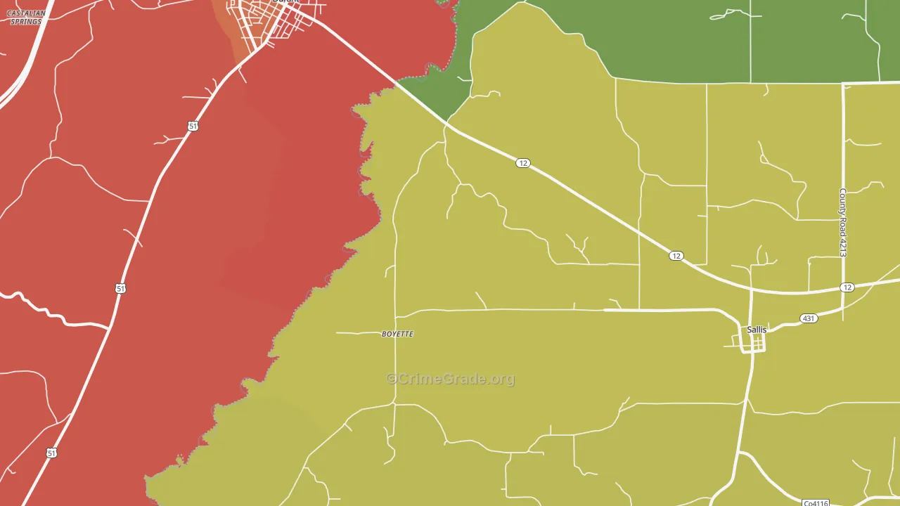 Boyette, MS Map of Burglary Rates