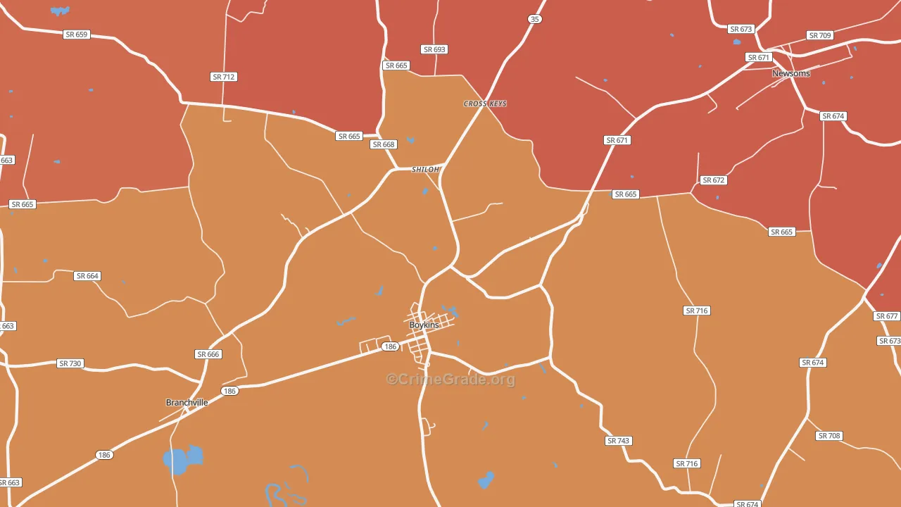 Boykins, VA Map of Burglary Rates