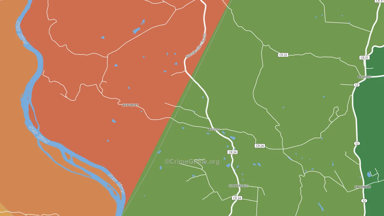 Bozoo, WV Map of Burglary Rates