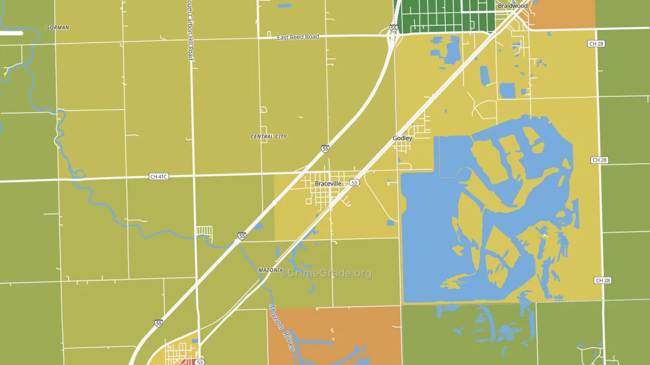 Braceville, IL Map of Burglary Rates
