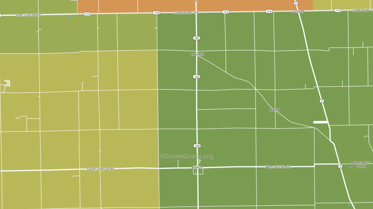 Bracken, IN Map of Burglary Rates