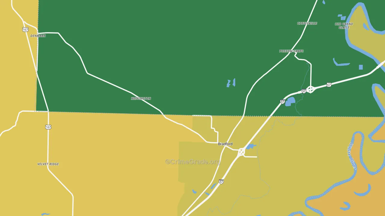 Bradford, AR Map of Burglary Rates
