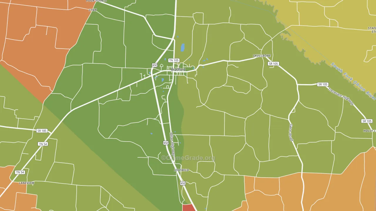 Bradford, TN Map of Burglary Rates