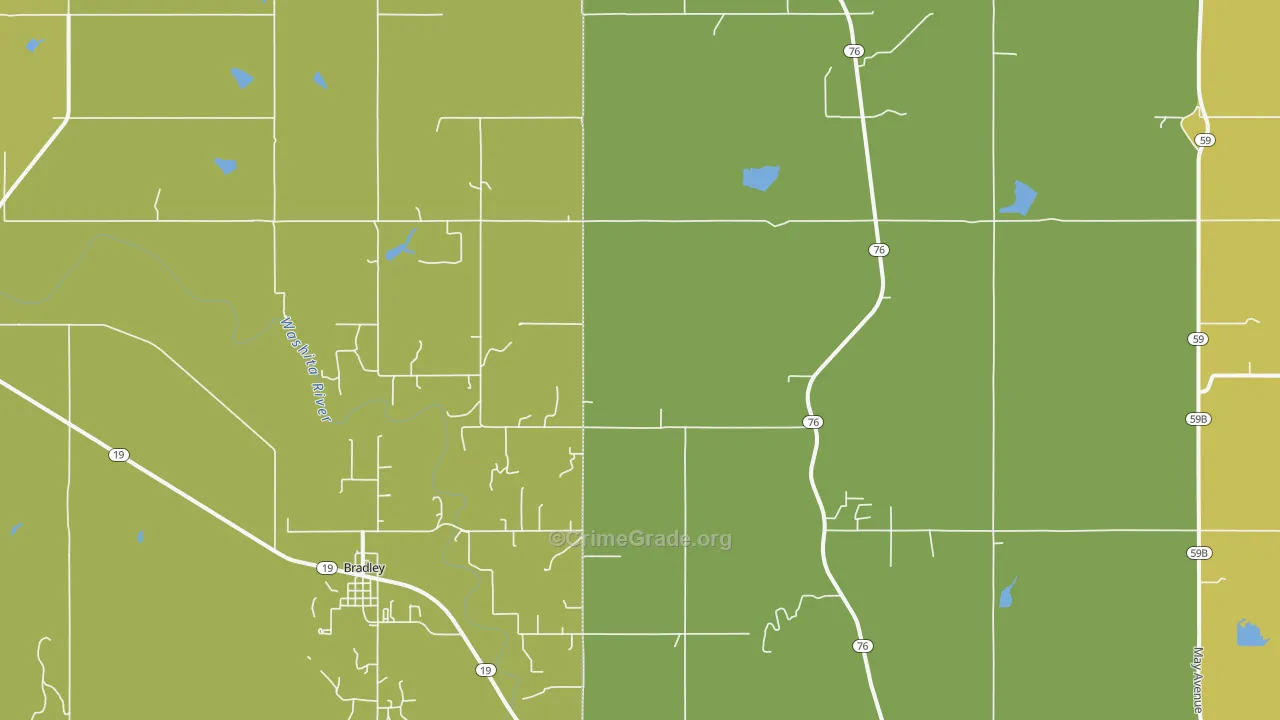 Bradley, OK Map of Burglary Rates
