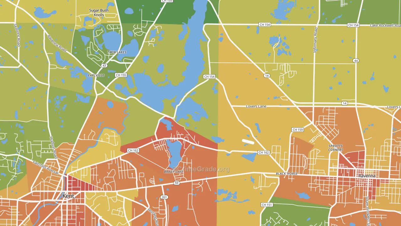 Brady Lake, OH Map of Burglary Rates