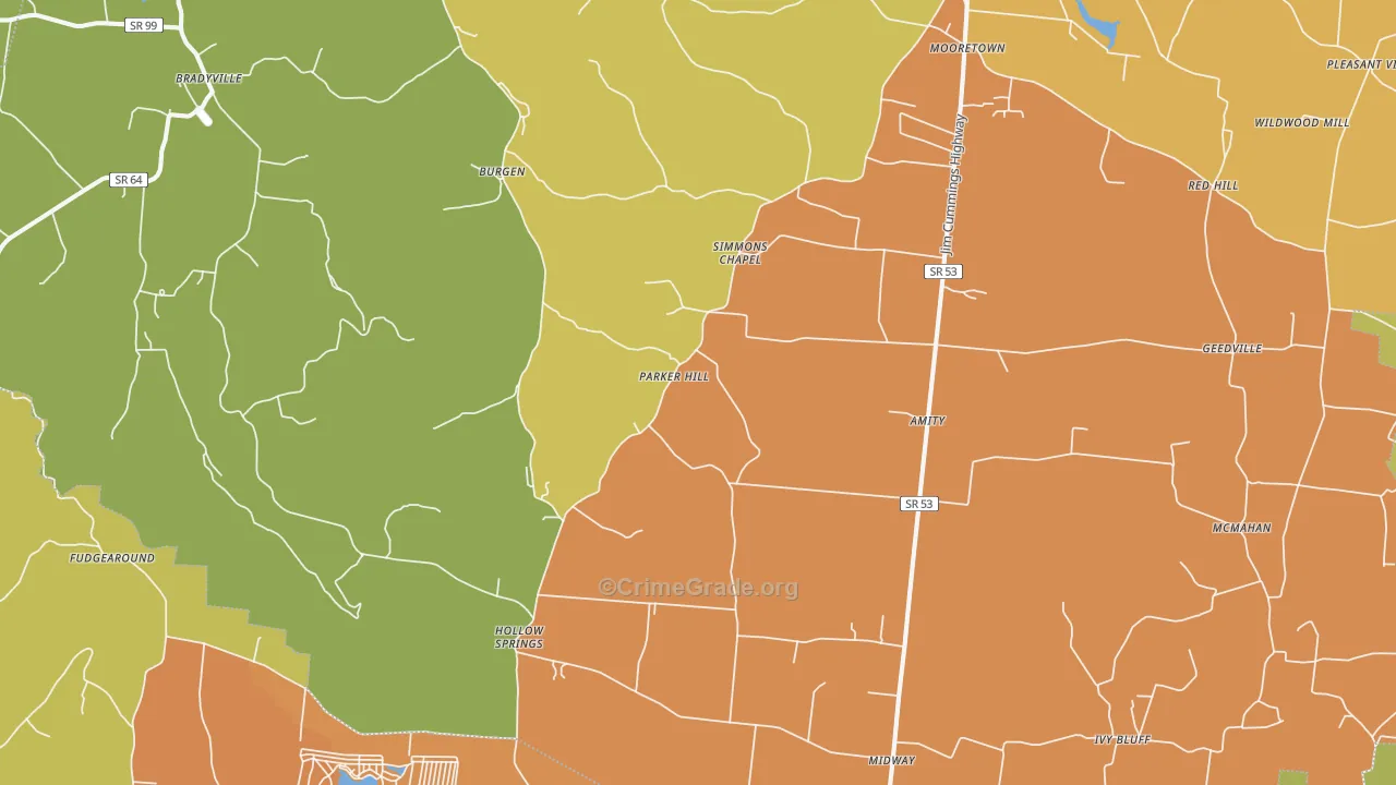 Bradyville, TN Map of Burglary Rates