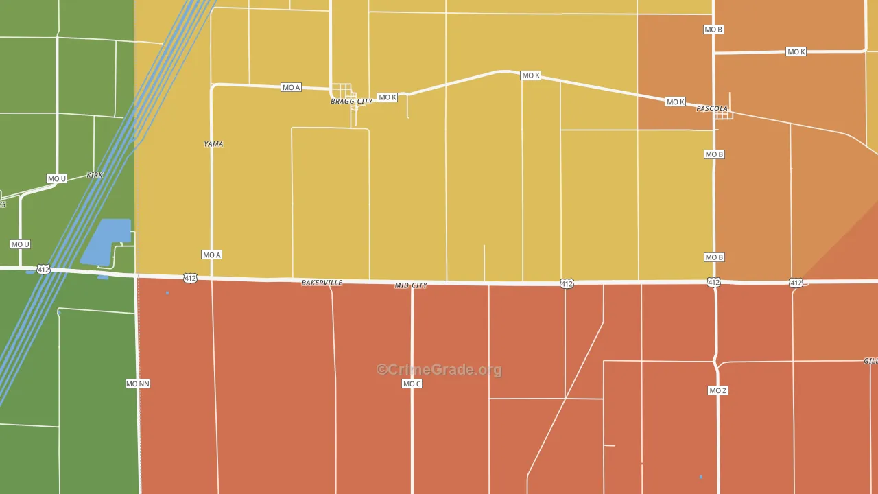 Bragg City, MO Map of Burglary Rates
