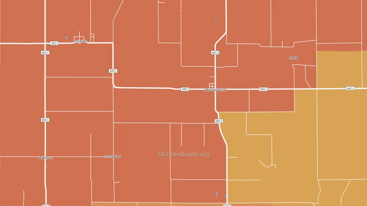 Braggadocio, MO Map of Burglary Rates