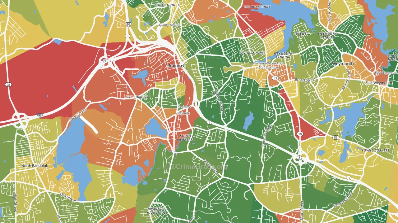 Braintree Town, MA Map of Burglary Rates