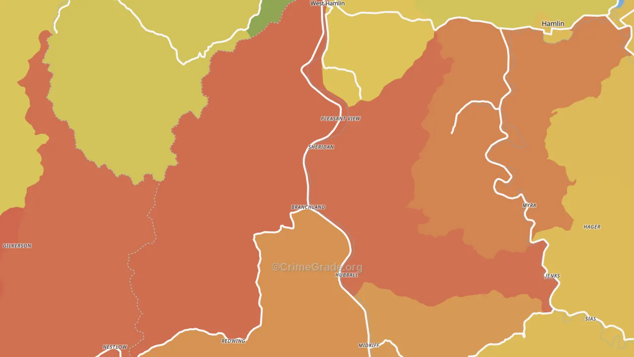 Branchland, WV Map of Burglary Rates