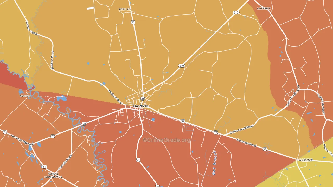 Branchville, SC Map of Burglary Rates