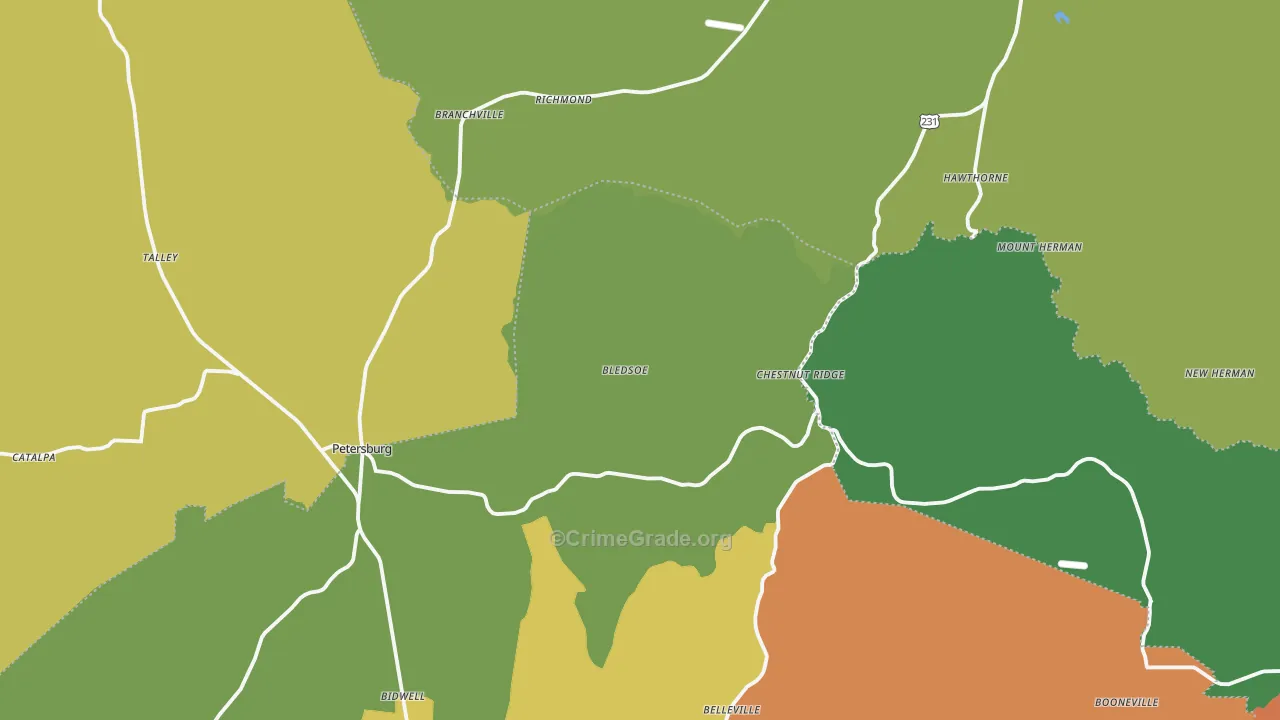 Branchville, TN Map of Burglary Rates