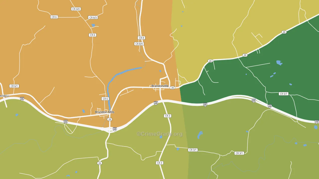 Brandonville, WV Map of Burglary Rates
