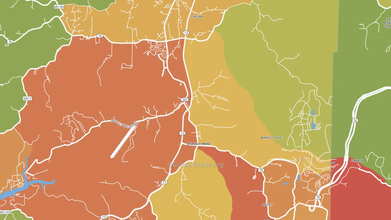 Branson West, MO Map of Burglary Rates