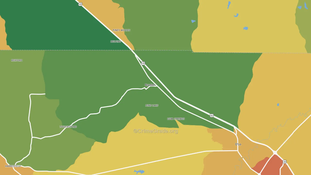 Braxton, MS Map of Burglary Rates
