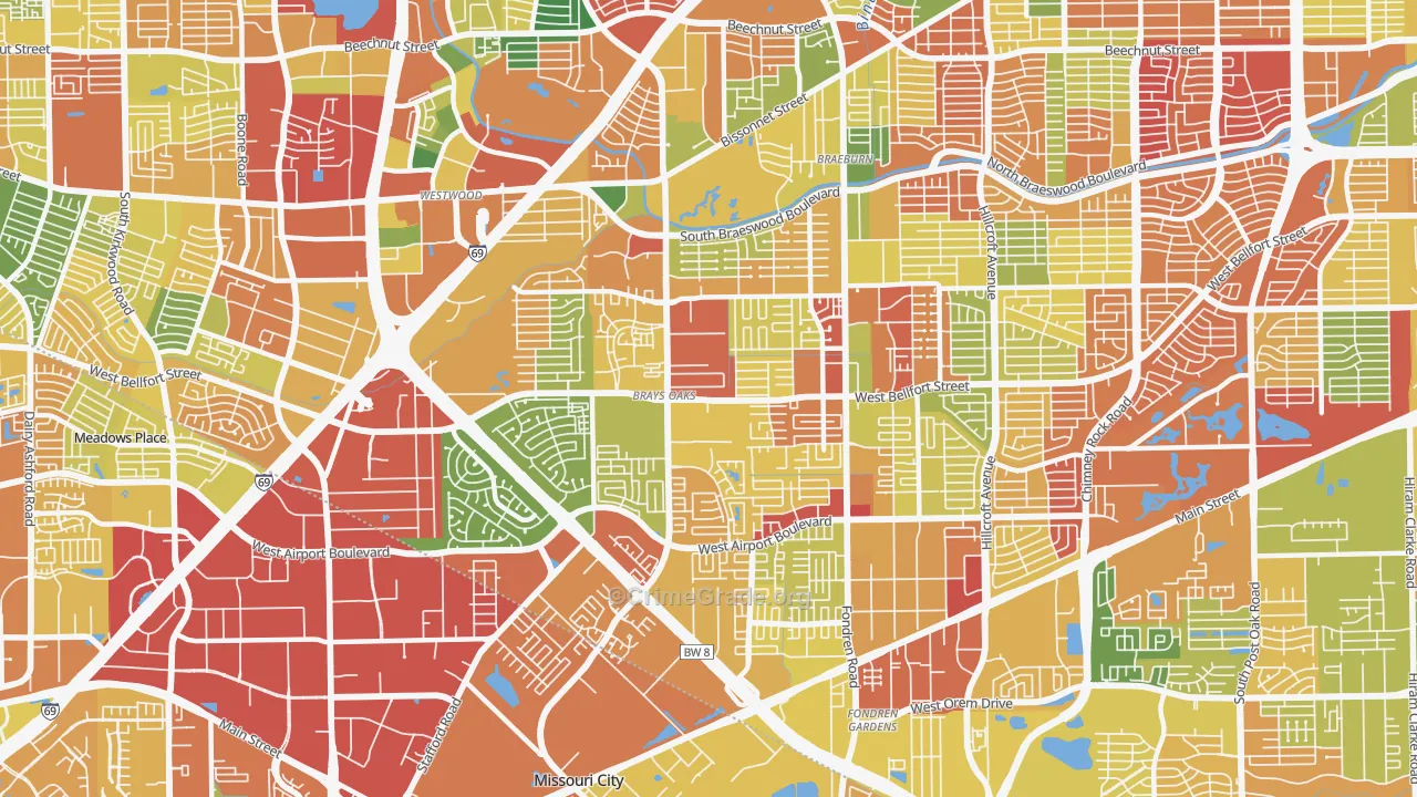 Brays Oaks, Houston, TX Map of Burglary Rates