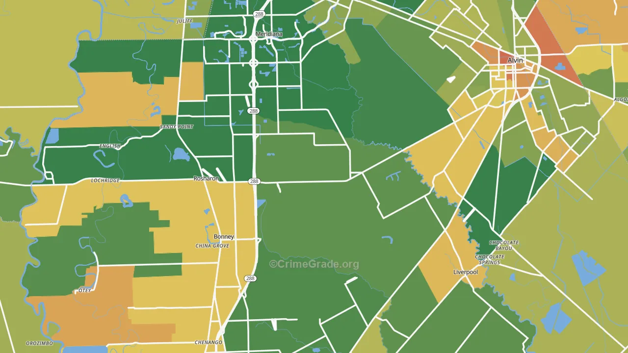 Brazoria County, TX Map of Burglary Rates