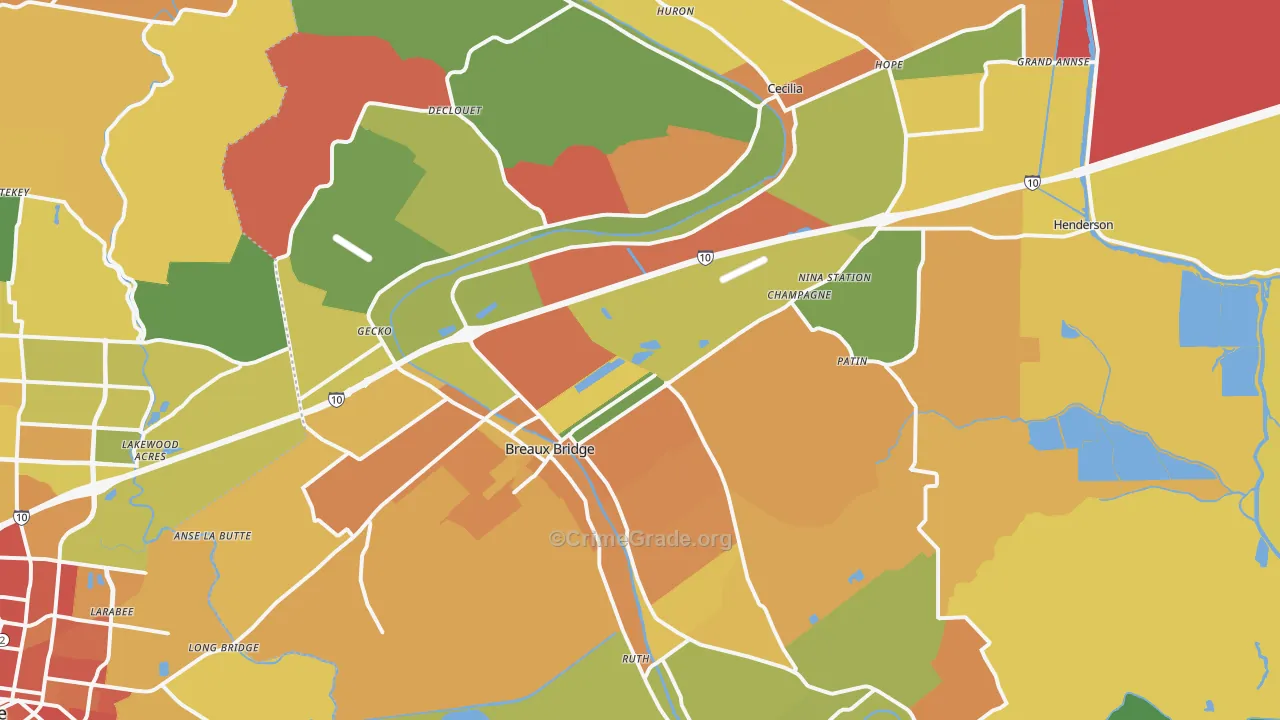 Breaux Bridge, LA Map of Burglary Rates