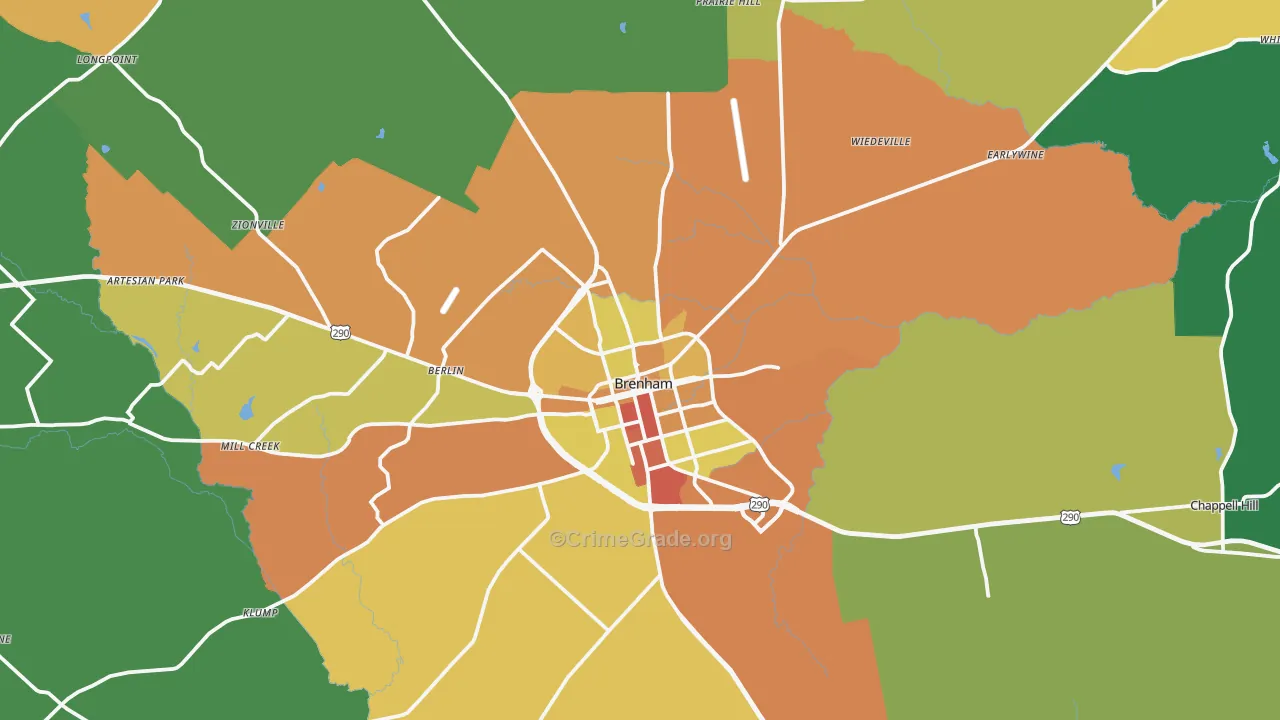 Brenham, TX Map of Burglary Rates