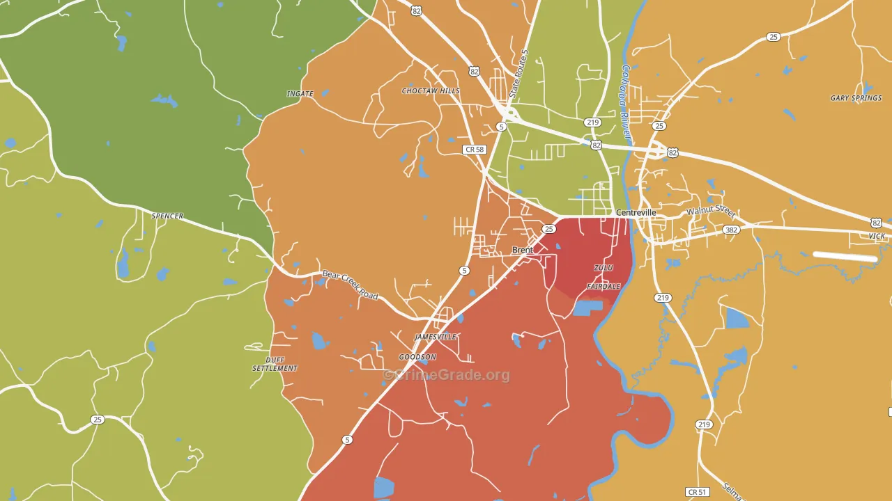 Brent, AL Map of Burglary Rates