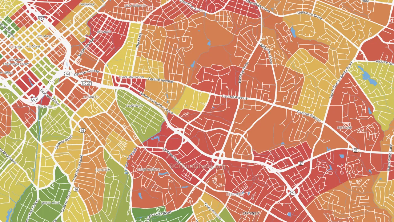 Briarcreek-Woodland, Charlotte, NC Map of Burglary Rates