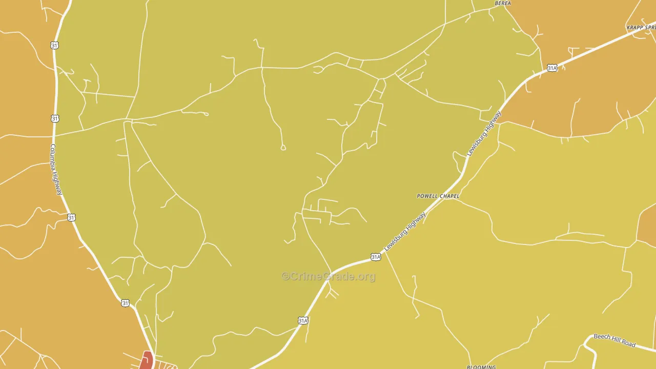Brick Church, TN Map of Burglary Rates