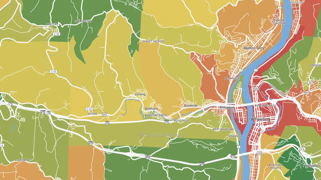 Bridgeport, OH Map of Burglary Rates