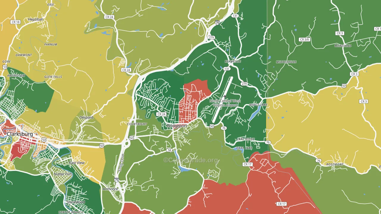 Bridgeport, WV Map of Burglary Rates