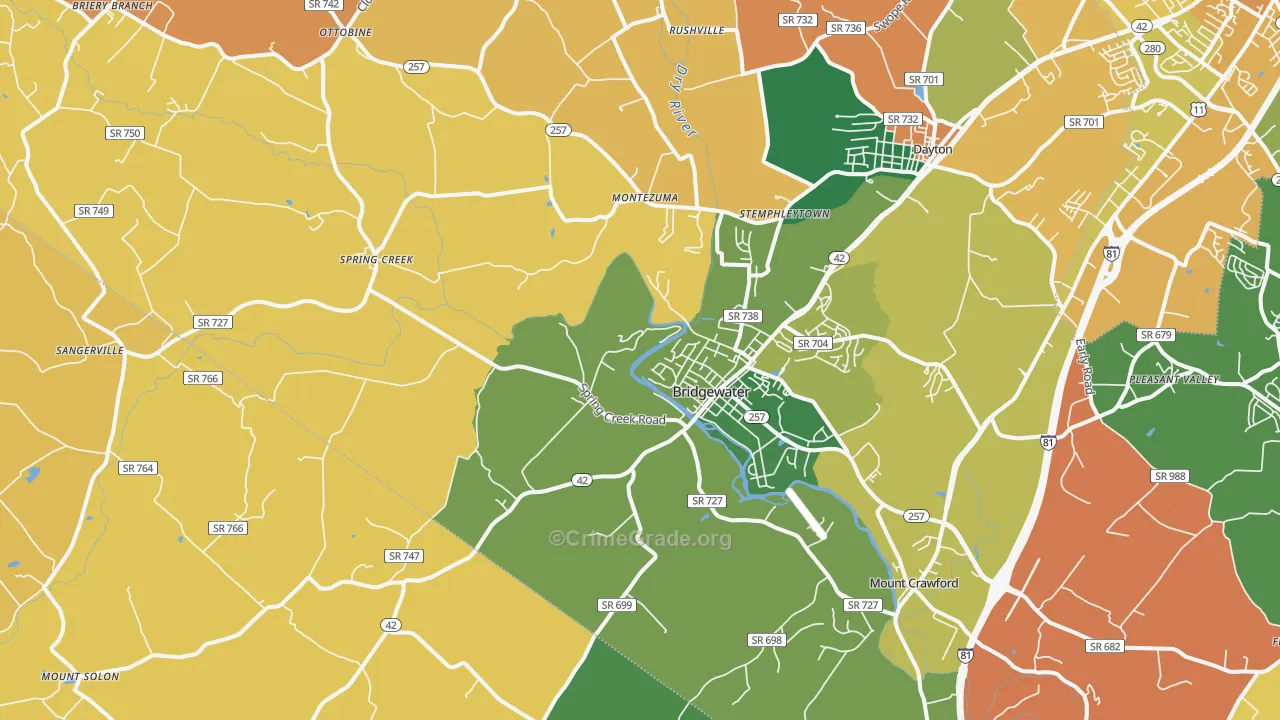 Bridgewater, VA Map of Burglary Rates