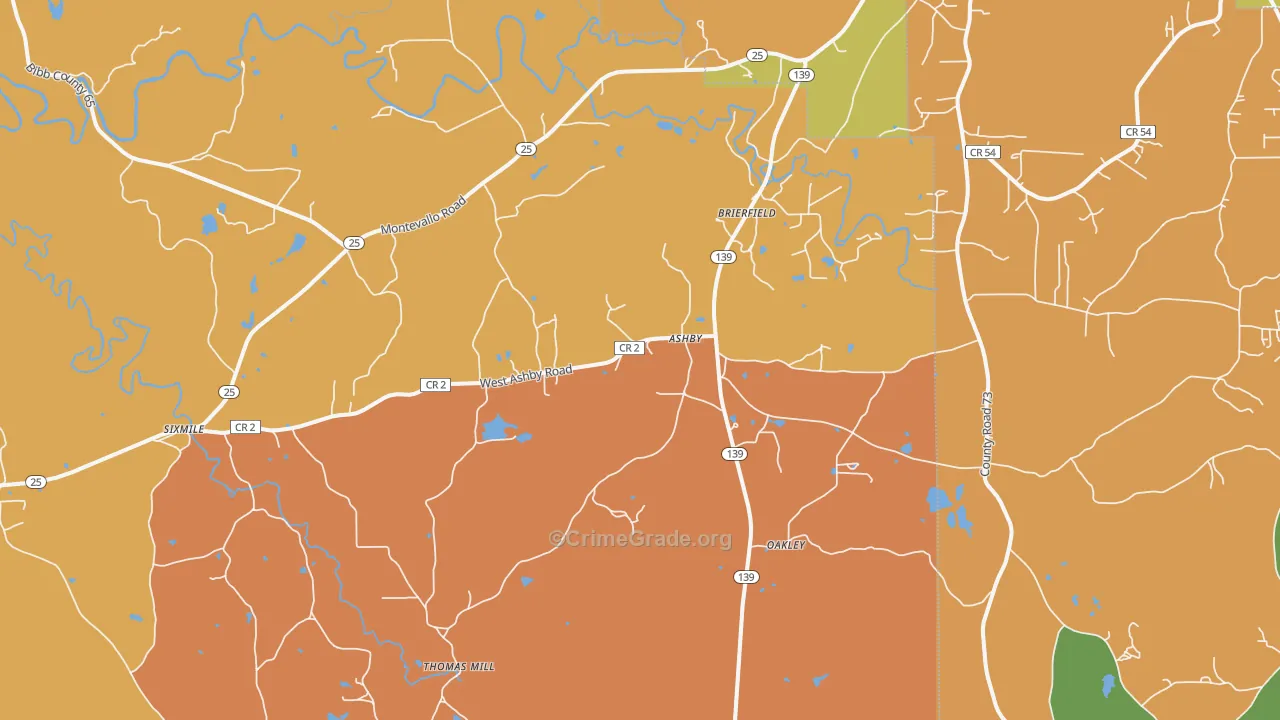 Brierfield, AL Map of Burglary Rates